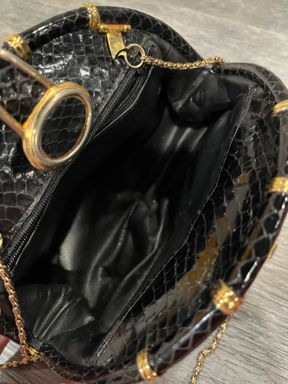 Vintage Black Snakeskin Clutch | Gold Chain Strap | 1980s Glam - Picture 7 of 13